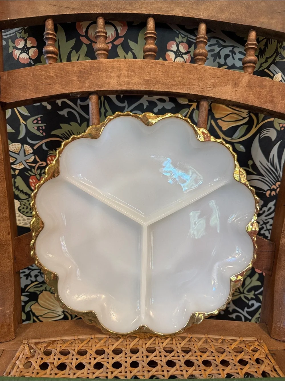 Anchor Hocking Milk Glass Divided Relish Dish 22k Gold Trim Scalloped Edge